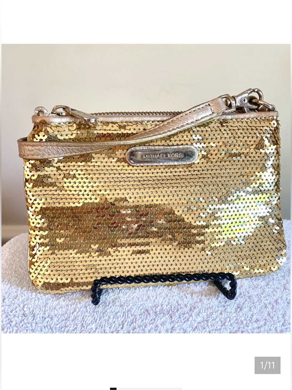 Micheal Kors vintage gold sequin wristlet wallet clutch with leather on the back